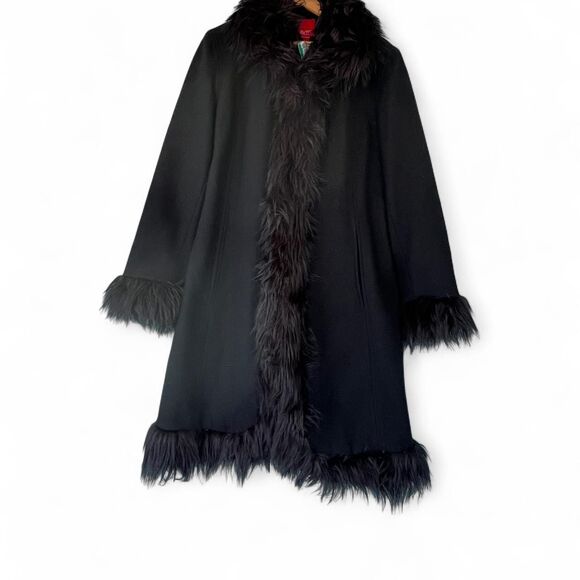 Vtg Y2K Pennylane black wool coat w/ black faux Mongolian afghan fur trim Sz XL - Picture 3 of 5